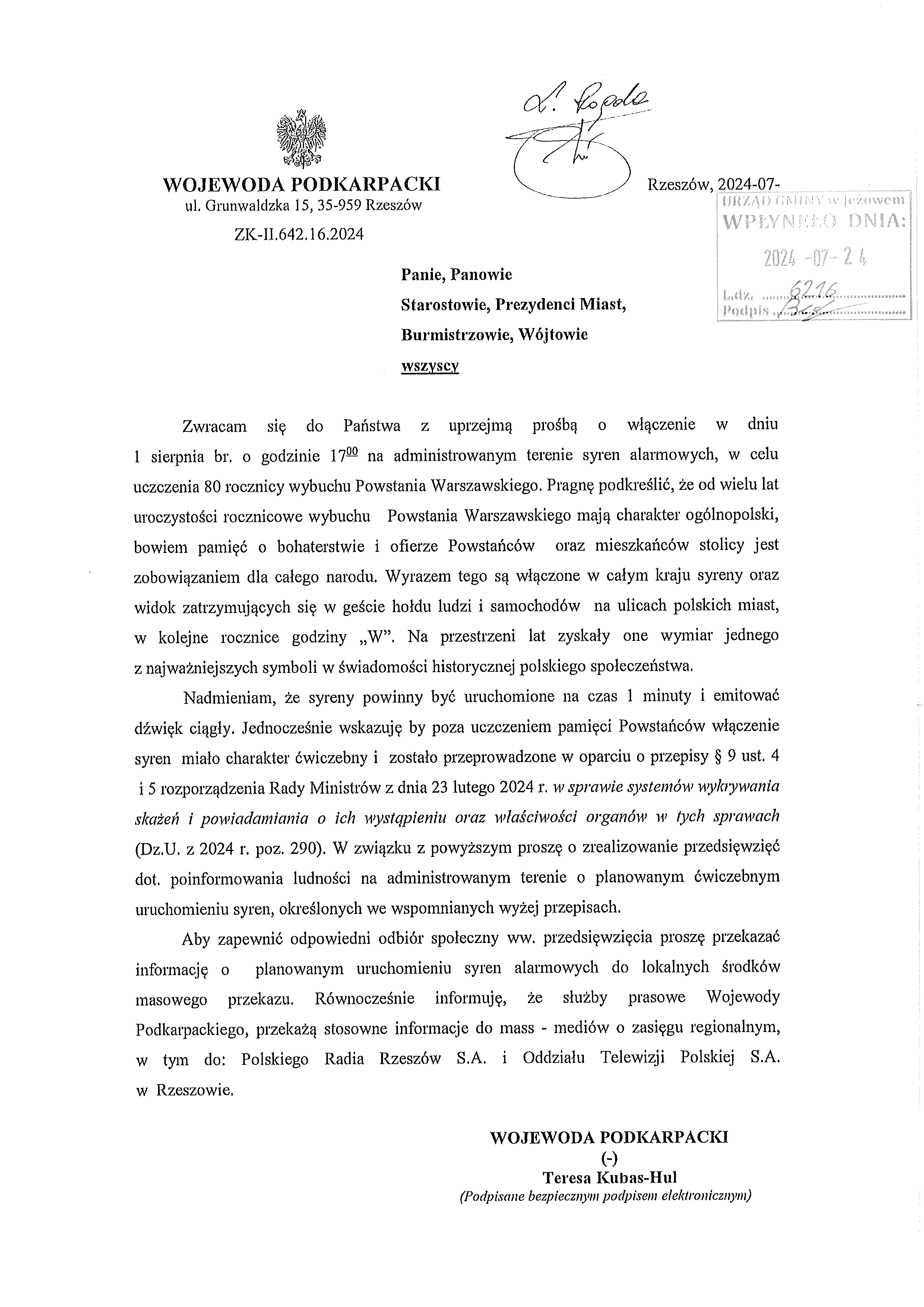 W dniu 1 sierpnia 2024r. zostaną uruchomione syreny alarmowe