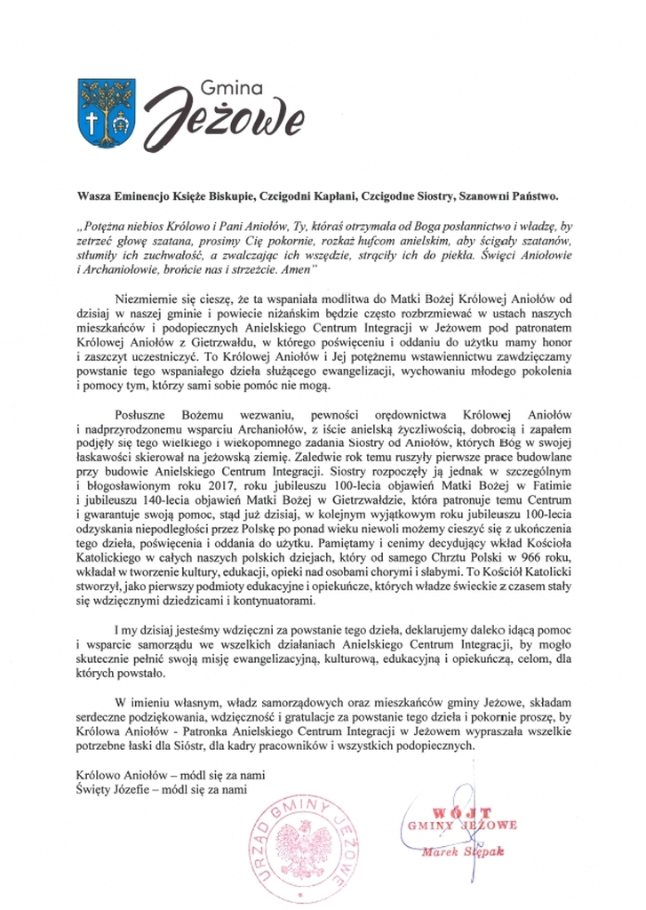 Przem&oacute;wienie W&oacute;jta Gminy Jeżowe poświęcenie Anielskiego Centrum Integracji w Jeżowem