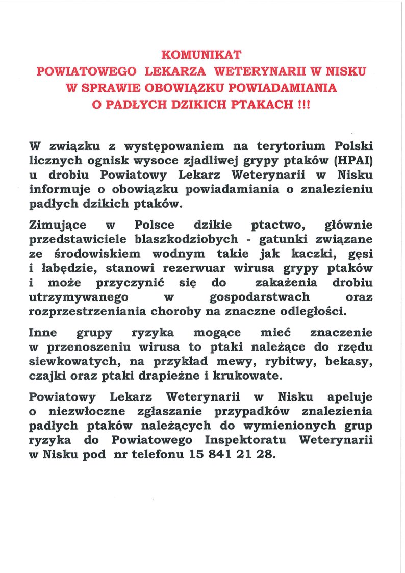 Komunikat – zjadliwa grypa ptaków (HPAI)