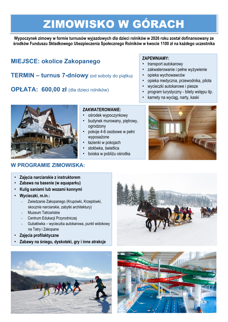 Rekrutacje na udział w zimowisku z KRUS