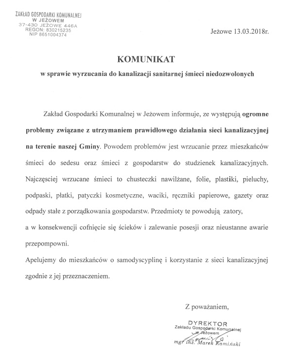 Komnunikaty  dyrektora ZGK Jeżowe