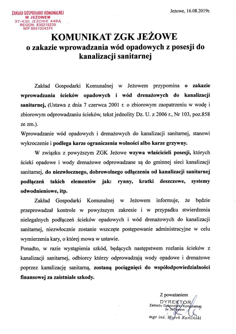 Informacja ZGK Jeżowe