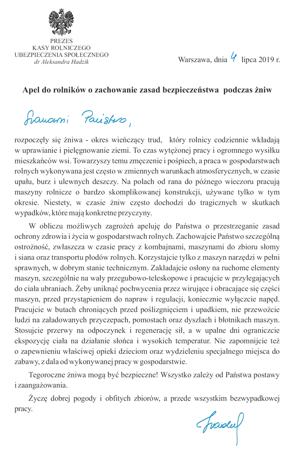 Apel do rolników o zachowanie zasad bezpieczeństwa podczas żniw