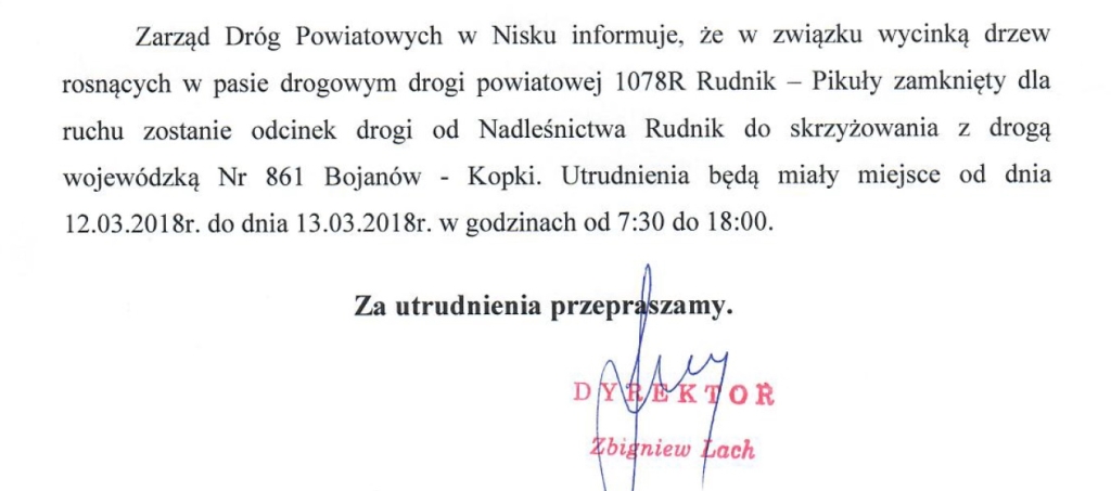 Wycinka drzew - droga zamknięta