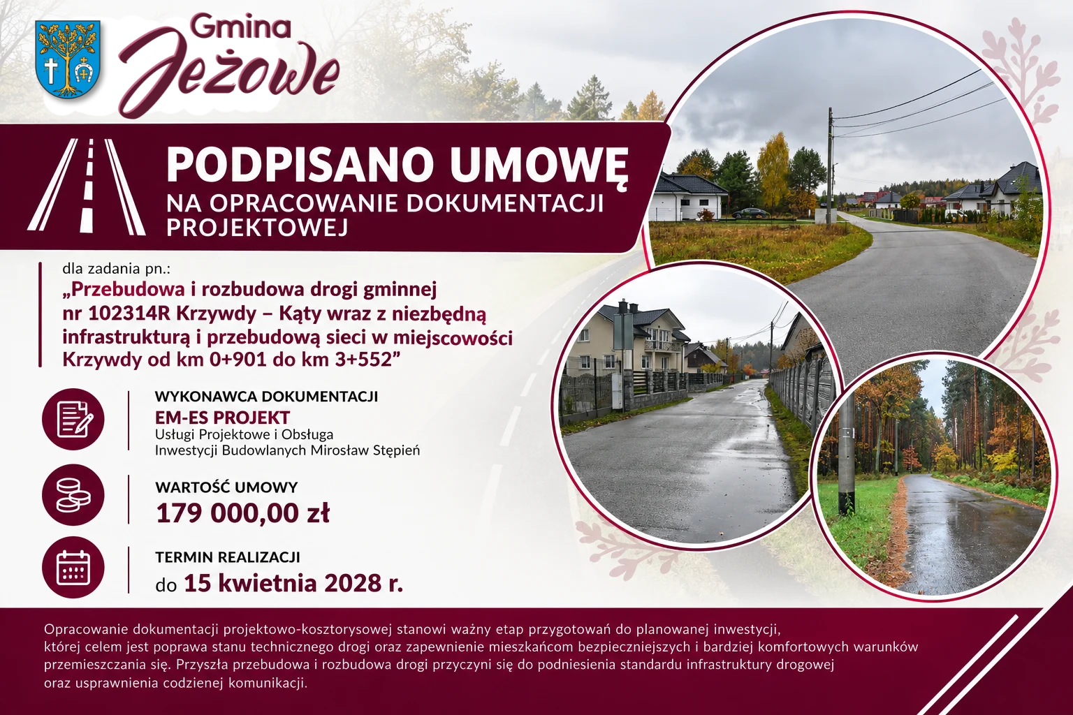 Podpisano umowę na opracowanie dokumentacji projektowej drogi Krzywdy – Kąty