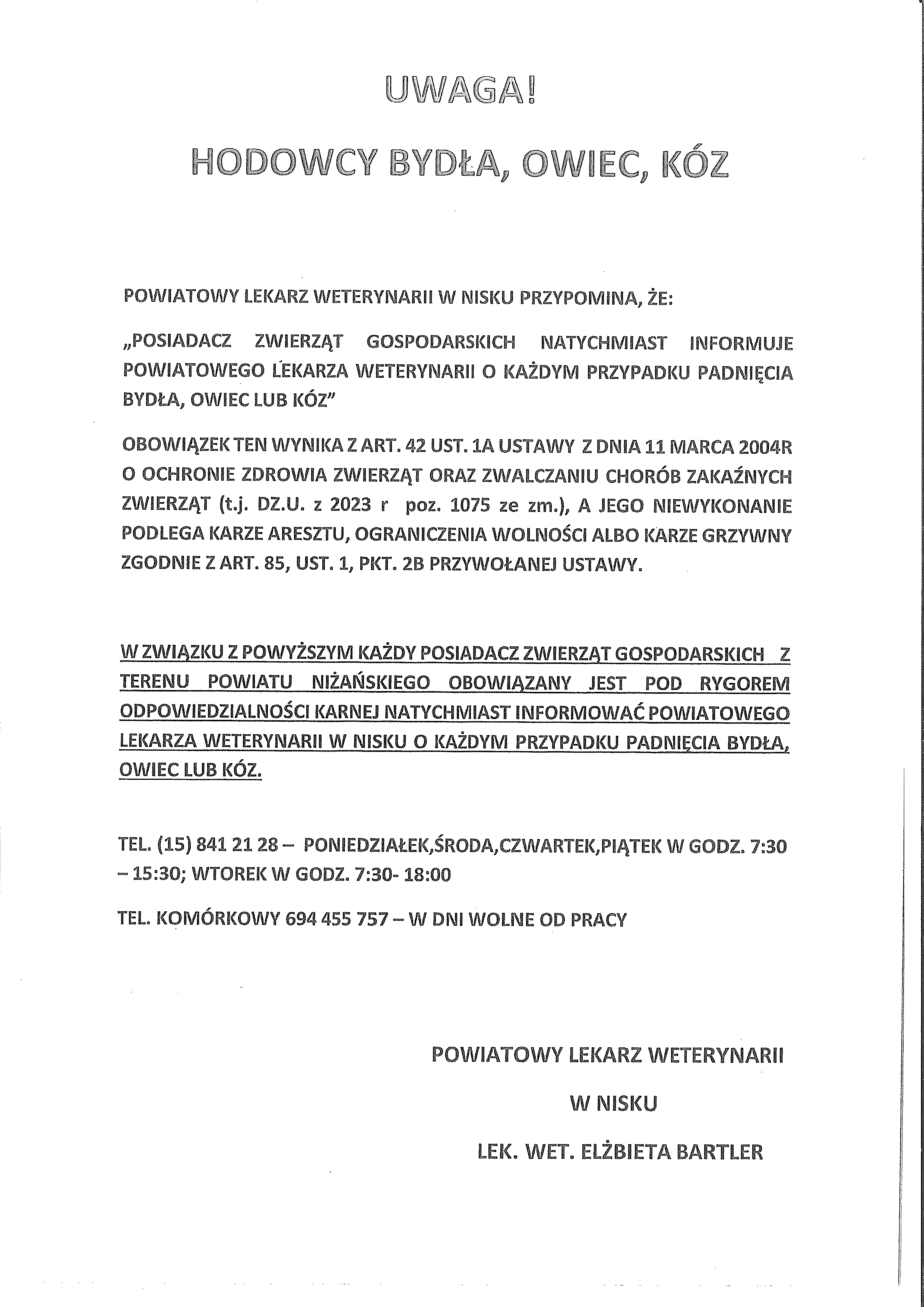 Uwaga! Hodowcy bydła, owiec, kóz