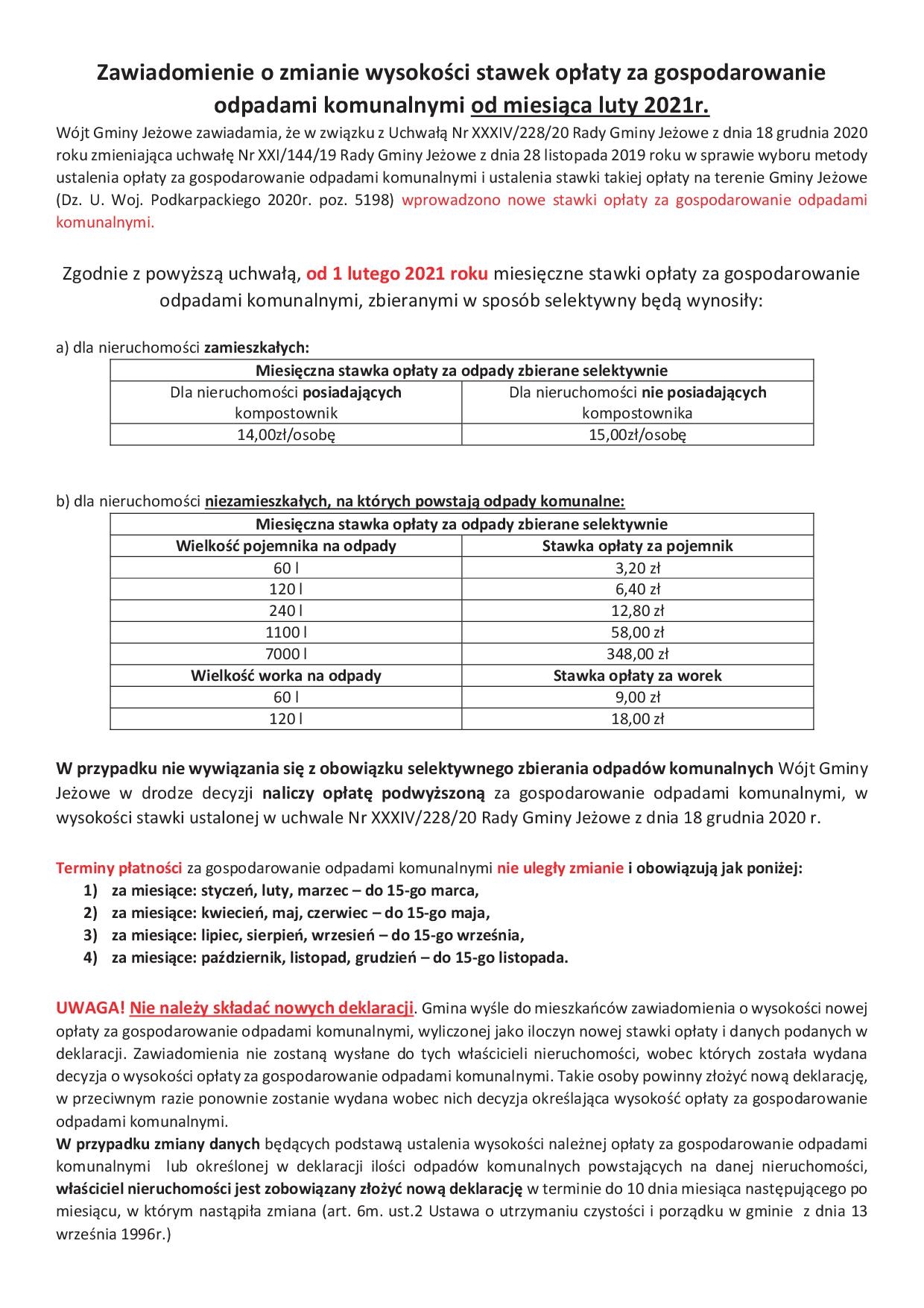 Stawki opłat za gospodarowanie odpadami komunalnymi od 2021r