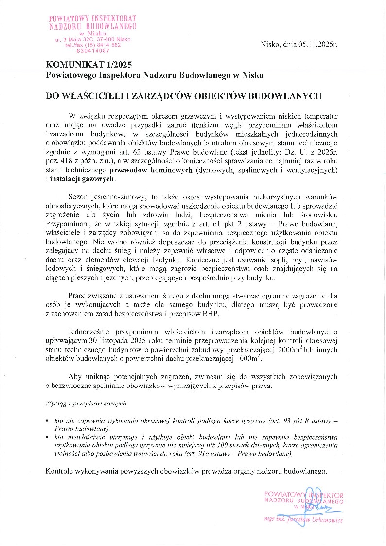 Komunikat Powiatowego Inspektora Nadzoru Budowlanego w Nisku