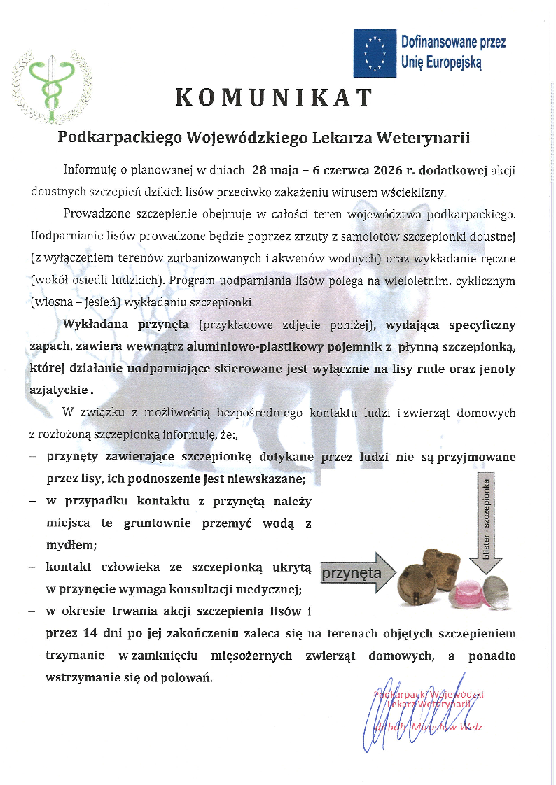 KOMUNIKAT Podkarpackiego Wojewódzkiego Lekarza Weterynarii 