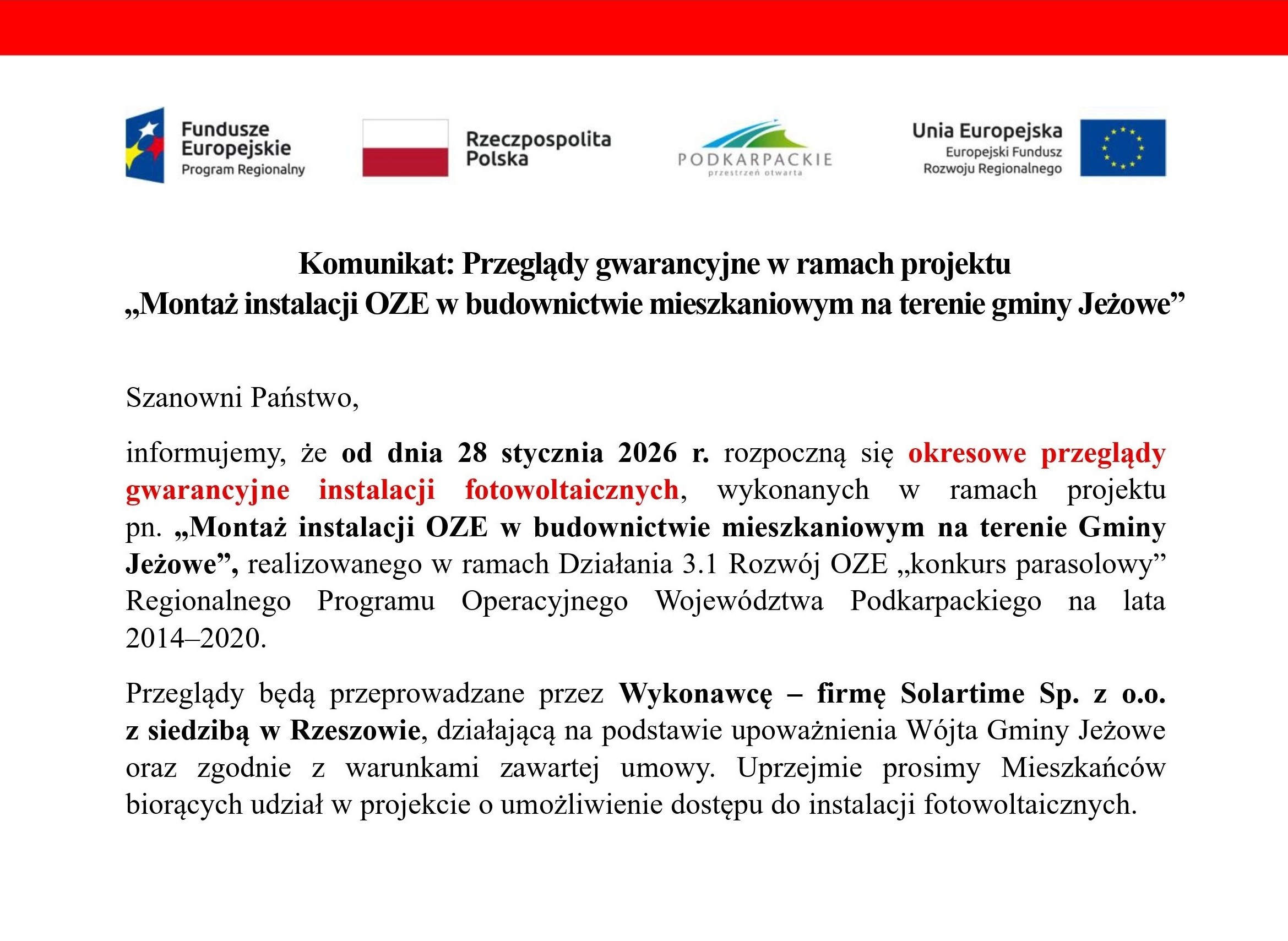 Okresowe przeglądy gwarancyjne instalacji fotowoltaicznych w ramach projektu  „Montaż instalacji OZE w budownictwie mieszkaniowym na terenie gminy Jeżowe”