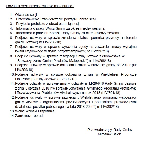 54 sesja Rady Gminy Jeżowe - zaproszenie