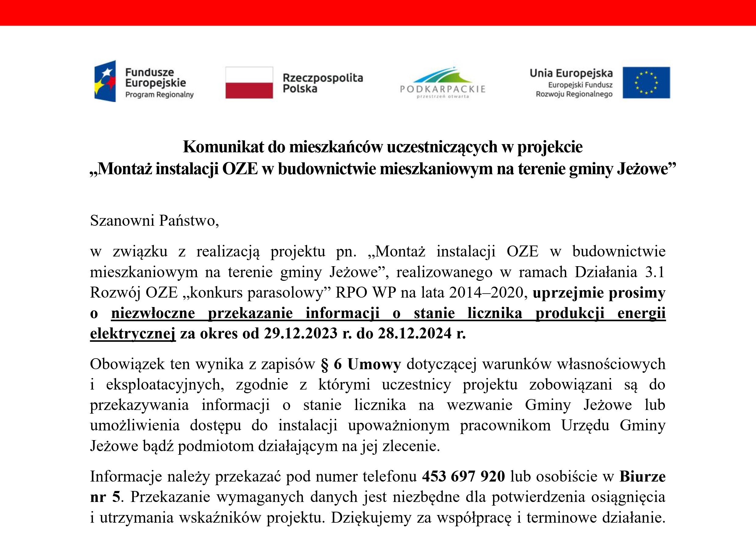 Komunikat do mieszkańców  - Montaż instalacji OZE