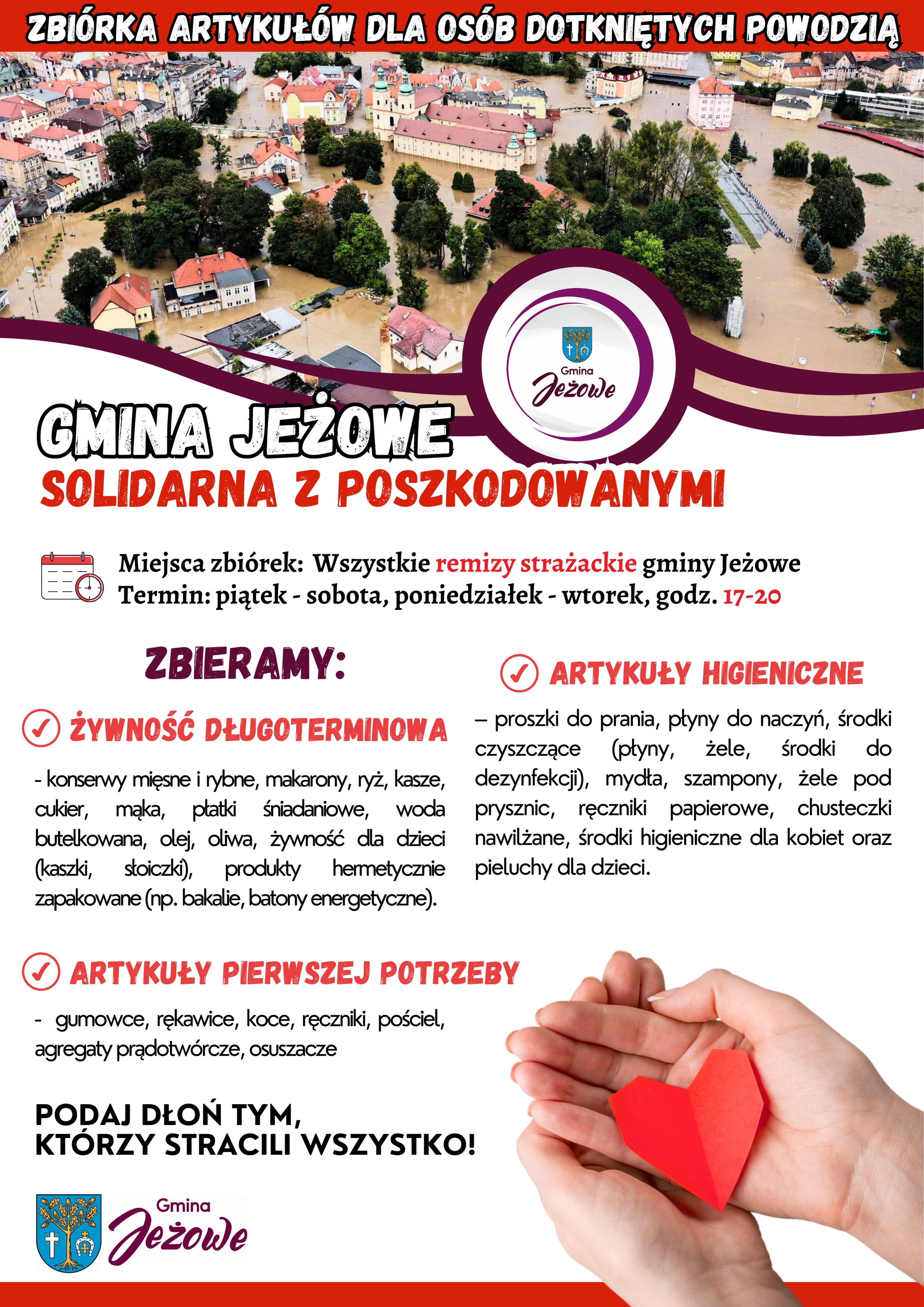 Gmina Jeżowe Solidarna z Poszkodowanymi - zbiórka artykułów dla osób dotkniętych powodzią!