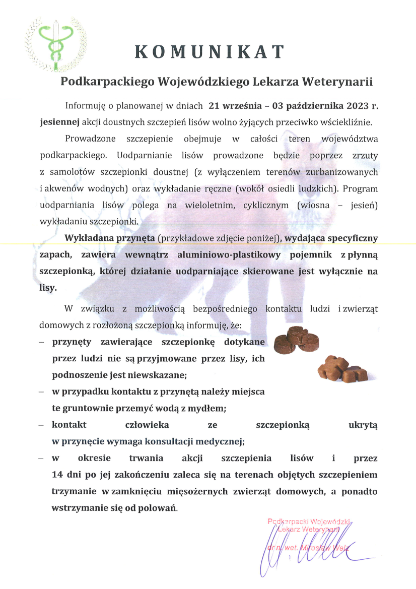 Komunikat Podkarpackiego Lekarza Weterynarii