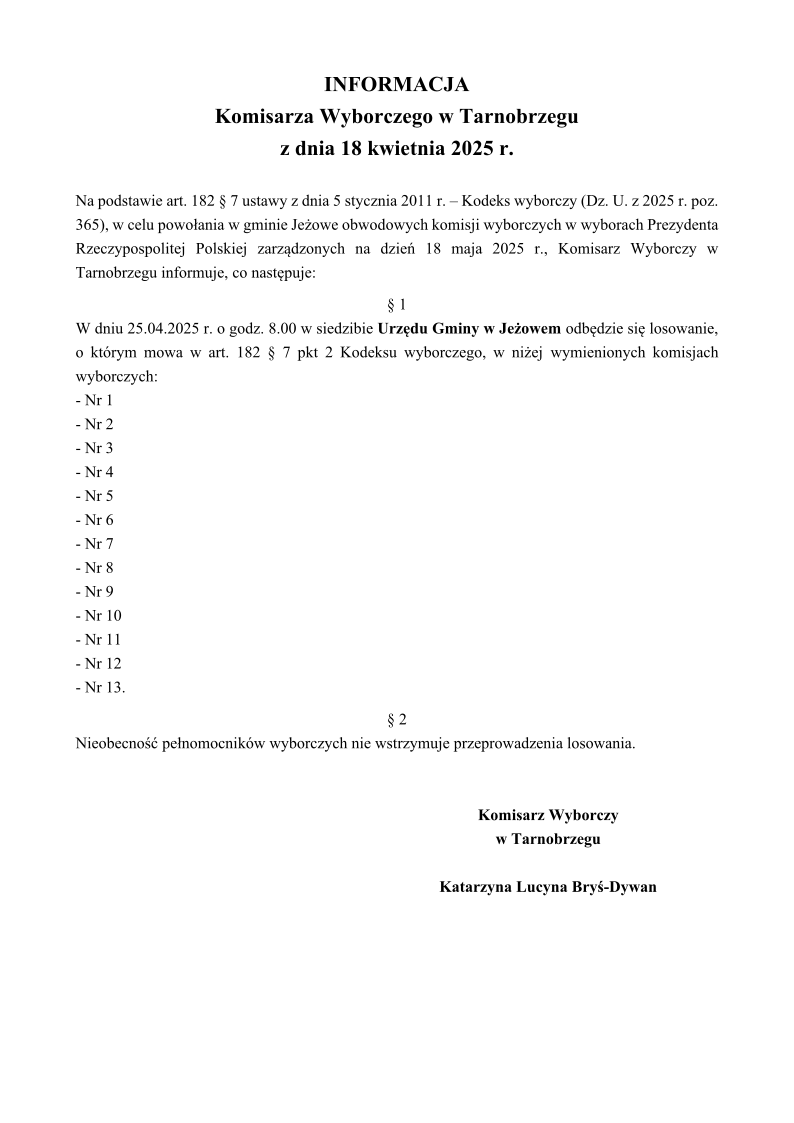INFORMACJA Komisarza Wyborczego w Tarnobrzegu z dnia 18 kwietnia 2025 r. - losowanie składów Obwodowych Komisji Wyborczych